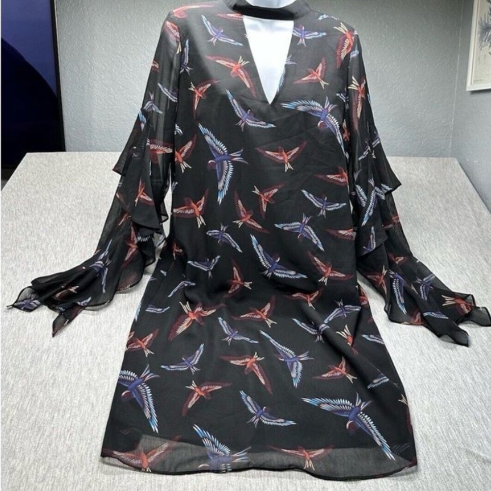 NWOT Sam Edelman - Black 64H091 Bird Print, Choker Cutout Chiffon Dress